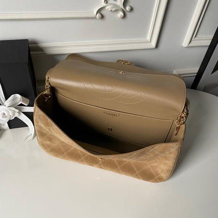 CHANEL 26S MAXI FLAP BAG 32 IN DARK BEIGE SUEDE AND CALFSKIN GOLD HARDWARE