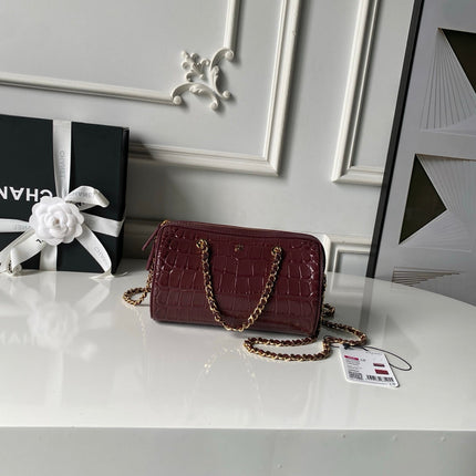 CHANEL 26S MINI TIMELESS CLASSIC BARREL BAG 19 IN BURGUNDY RED CROCODILE-EMBOSSED PATENT CALFSKIN GOLD HARDWARE