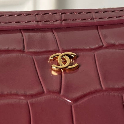CHANEL 26S MINI TIMELESS CLASSIC BARREL BAG 19 IN BURGUNDY RED CROCODILE-EMBOSSED PATENT CALFSKIN GOLD HARDWARE