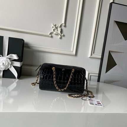 CHANEL 26S MINI TIMELESS CLASSIC BARREL BAG 19 IN BLACK CROCODILE-EMBOSSED PATENT CALFSKIN GOLD HARDWARE