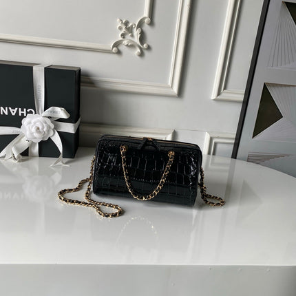 CHANEL 26S MINI TIMELESS CLASSIC BARREL BAG 19 IN BLACK CROCODILE-EMBOSSED PATENT CALFSKIN GOLD HARDWARE