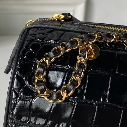 CHANEL 26S MINI TIMELESS CLASSIC BARREL BAG 19 IN BLACK CROCODILE-EMBOSSED PATENT CALFSKIN GOLD HARDWARE