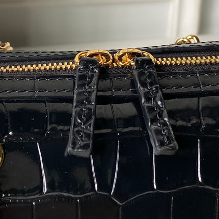 CHANEL 26S MINI TIMELESS CLASSIC BARREL BAG 19 IN BLACK CROCODILE-EMBOSSED PATENT CALFSKIN GOLD HARDWARE