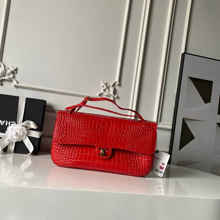 CHANEL 26S CC LOGO SHOULDER BAG 32 IN DARK RED CROCODILE-EMBOSSED CALFSKIN GOLD HARDWARE