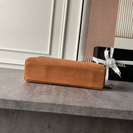 CHANEL 26S CHAIN CLUTCH BAG 32 IN CARAMEL BROWN QUILTED SUEDE GOLD HARDWARE
