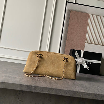 CHANEL 26S CHAIN CLUTCH BAG 32 IN TAN BROWN QUILTED SUEDE GOLD HARDWARE
