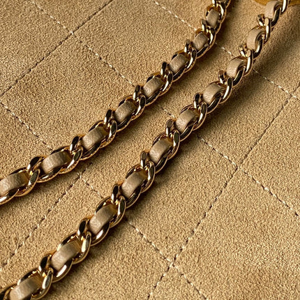 CHANEL 26S CHAIN CLUTCH BAG 32 IN TAN BROWN QUILTED SUEDE GOLD HARDWARE