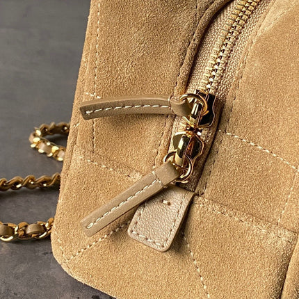 CHANEL 26S CHAIN CLUTCH BAG 32 IN TAN BROWN QUILTED SUEDE GOLD HARDWARE