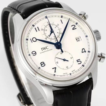 PORTUGIESER CHRONOGRAPH CLASSIC 42 MM SILVER CASE WITH BLACK LEATHER STRAP AND WHITE DIAL