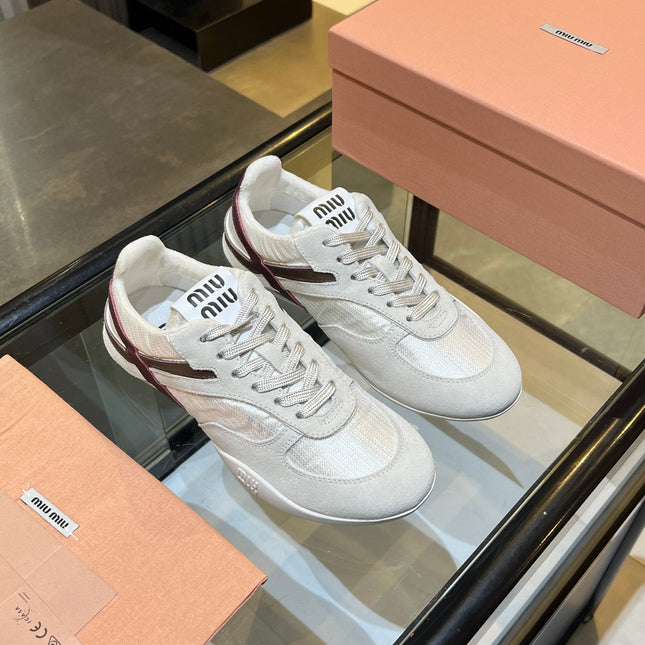 MIUMIU 26S SNEAKERS IN LIGHT BEIGE FABRIC AND SUEDE