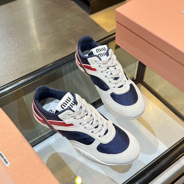MIUMIU 26S SNEAKERS IN NAVY BLUE AND WHITE FABRIC AND SUEDE