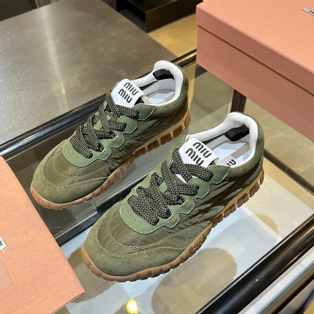 MIUMIU 26S SNEAKERS IN ARMY OLIVE FABRIC AND SUEDE