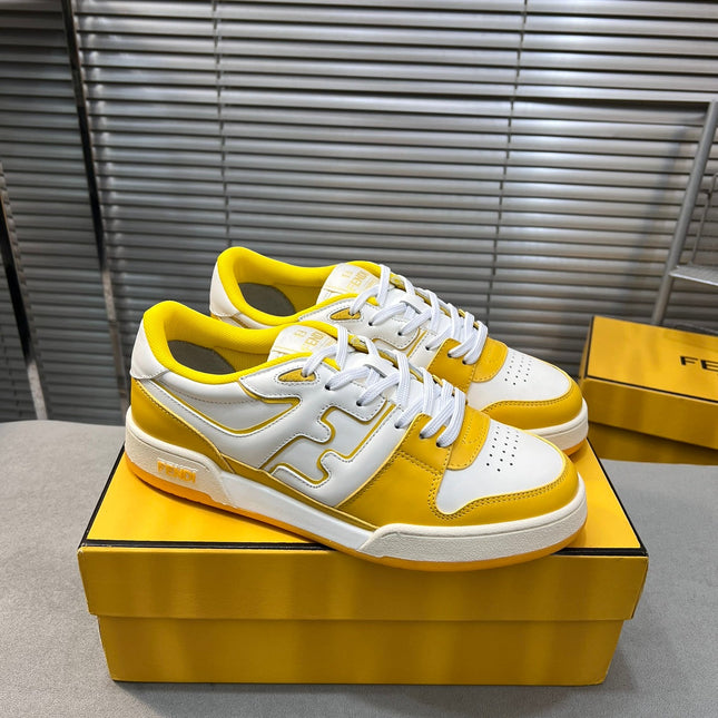 FENDI MATCH LOW TOPS IN BRIGHT YELLOW MIX WHITE CALFSKIN AND MESH