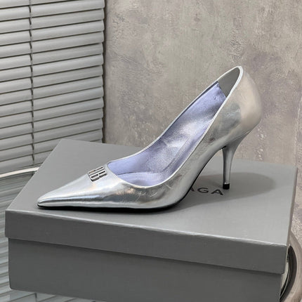 BALENCIAGA 25S HIGH-HEEL SHOES 85 MM IN SILVER COW LEATHER