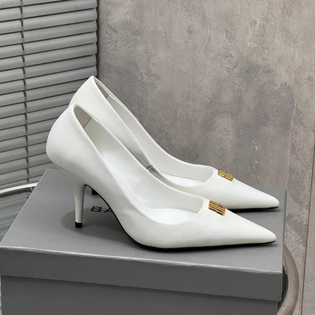 BALENCIAGA 25S HIGH-HEEL SHOES 85 MM IN WHITE COW LEATHER WITH GOLD HARDWARE