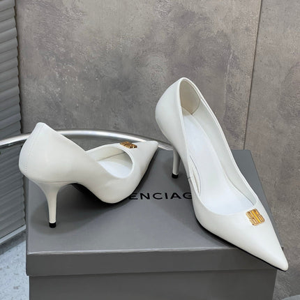 BALENCIAGA 25S HIGH-HEEL SHOES 85 MM IN WHITE COW LEATHER WITH GOLD HARDWARE