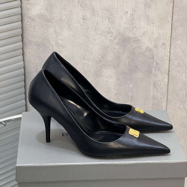 BALENCIAGA 25S HIGH-HEEL SHOES 85 MM IN BLACK COW LEATHER WITH GOLD HARDWARE