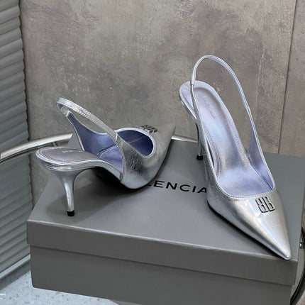 BALENCIAGA 25S HIGH-HEEL SLINGBACK 85 MM IN SILVER COW LEATHER