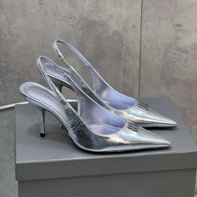 BALENCIAGA 25S HIGH-HEEL SLINGBACK 85 MM IN SILVER COW LEATHER