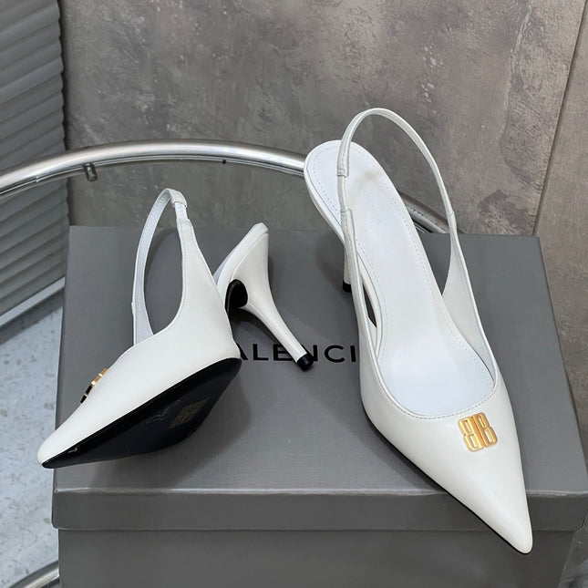 BALENCIAGA 25S HIGH-HEEL SLINGBACK 85 MM IN WHITE COW LEATHER WITH GOLD HARDWARE