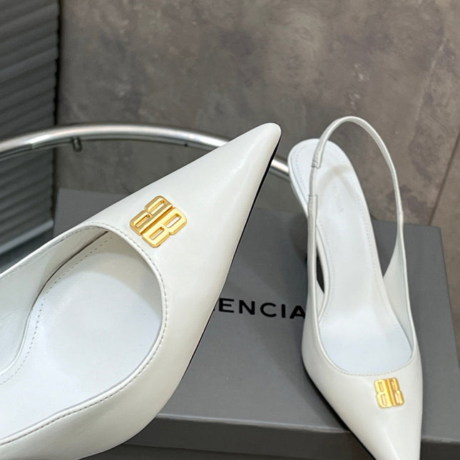 BALENCIAGA 25S HIGH-HEEL SLINGBACK 85 MM IN WHITE COW LEATHER WITH GOLD HARDWARE