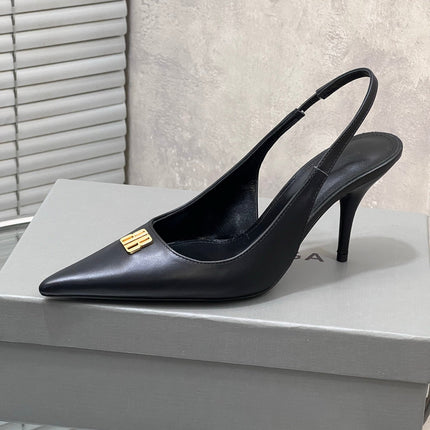 BALENCIAGA 25S HIGH-HEEL SLINGBACK 85 MM IN BLACK COW LEATHER WITH GOLD HARDWARE