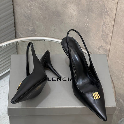 BALENCIAGA 25S HIGH-HEEL SLINGBACK 85 MM IN BLACK COW LEATHER WITH GOLD HARDWARE