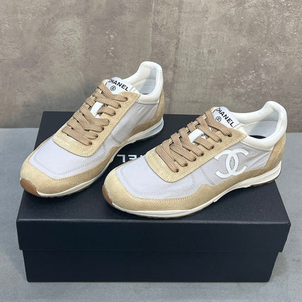 CHANEL 26S RUNNING SNEAKERS IN BEIGE AND GREY MATERIAL CC LOGO