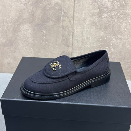 CHANEL 26S LOAFERS IN BLACK CANVAS WITH QUILTED FLAP & CHAIN CC LOGO