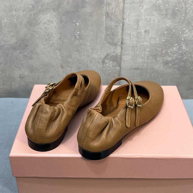 MIUMIU 26S DOUBLE STRAP MARY JANE FLATS IN CARAMEL BROWN SHEEPSKIN