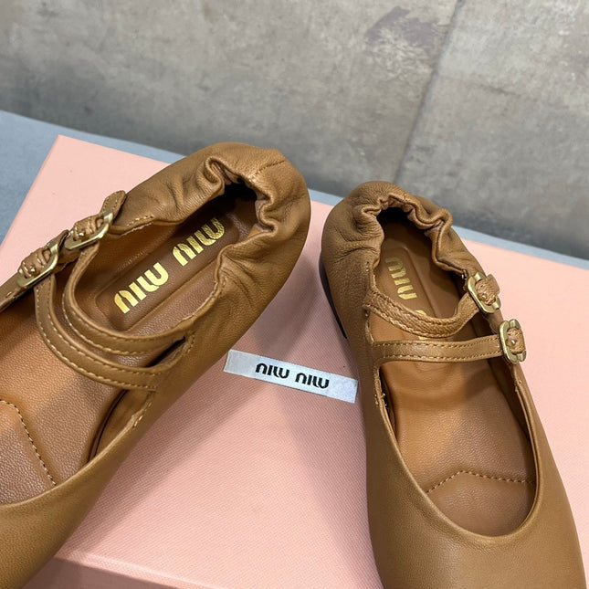 MIUMIU 26S DOUBLE STRAP MARY JANE FLATS IN CARAMEL BROWN SHEEPSKIN