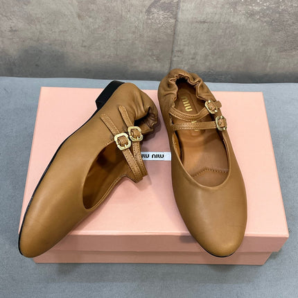 MIUMIU 26S DOUBLE STRAP MARY JANE FLATS IN CARAMEL BROWN SHEEPSKIN