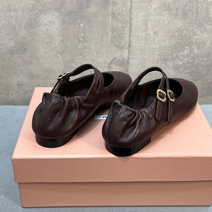 MIUMIU 26S DOUBLE STRAP MARY JANE FLATS IN DARK BROWN SHEEPSKIN