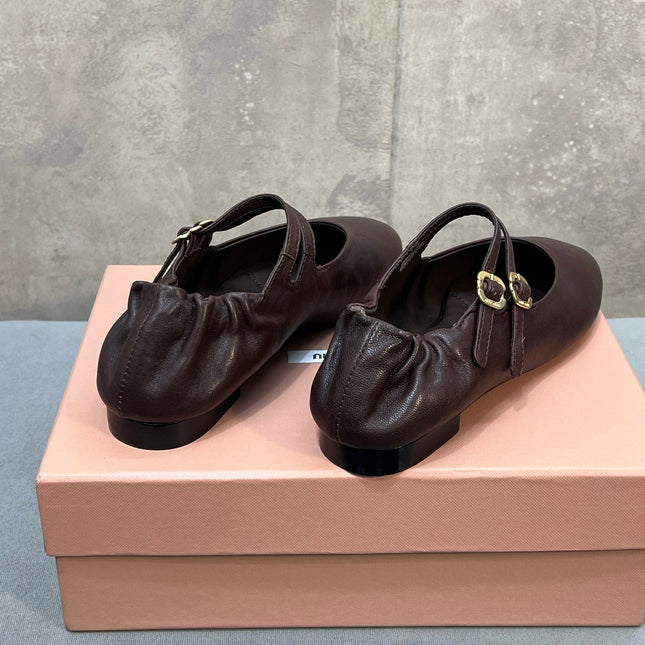 MIUMIU 26S DOUBLE STRAP MARY JANE FLATS IN DARK BROWN SHEEPSKIN