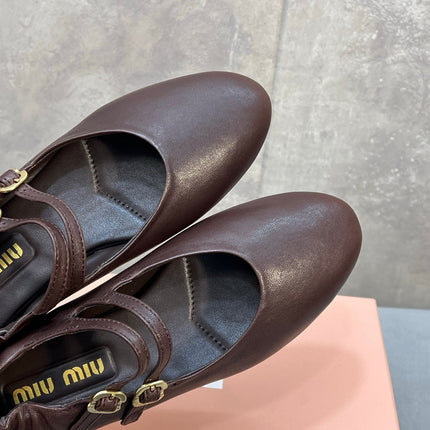 MIUMIU 26S DOUBLE STRAP MARY JANE FLATS IN DARK BROWN SHEEPSKIN