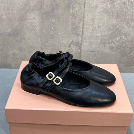 MIUMIU 26S DOUBLE STRAP MARY JANE FLATS IN BLACK SHEEPSKIN