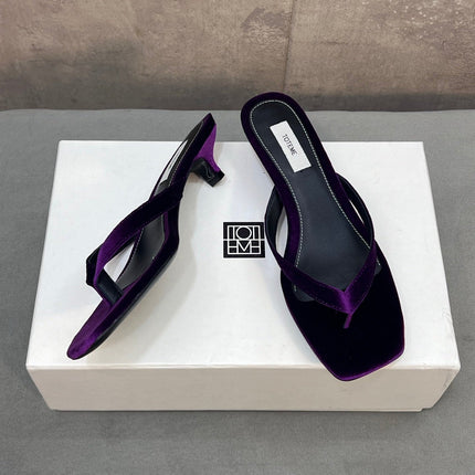 THE ROW 26S SQUARE TOE THONG KITTEN HEEL SANDALS 45MM IN PURPLE VELVET