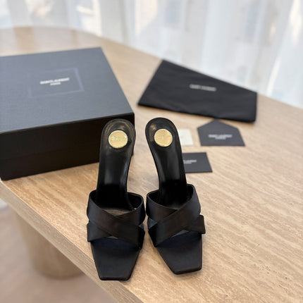 OPYUM OPEN TOE HIGH 10 CM MULES IN BLACK CALFSKIN