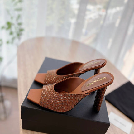 HIGH HEEL BLONDE MULE 10 CM IN BRONZE BROWN SATIN WITH RHINESTONES