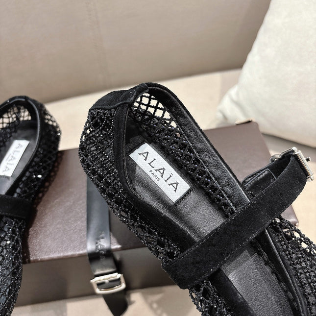 ALAIA 26S MESH FLATS IN BLACK SUEDE