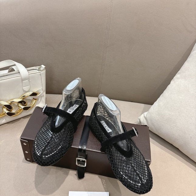 ALAIA 26S MESH FLATS IN BLACK SUEDE