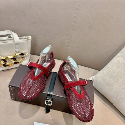 ALAIA 26S MESH FLATS IN DARK RED SUEDE