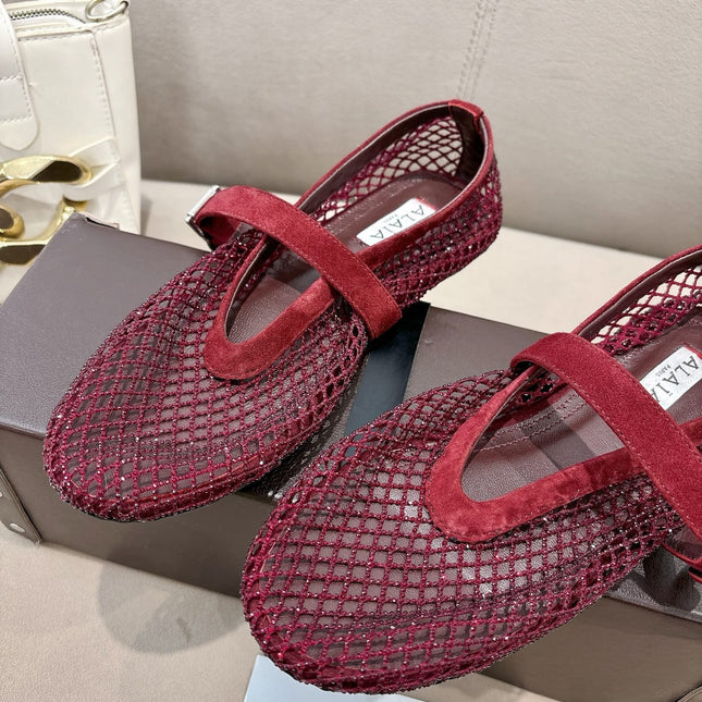 ALAIA 26S MESH FLATS IN DARK RED SUEDE