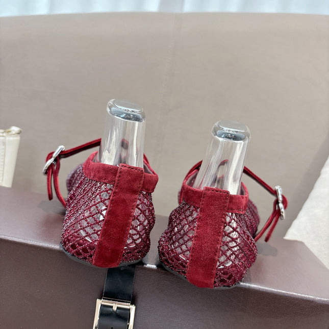 ALAIA 26S MESH FLATS IN DARK RED SUEDE