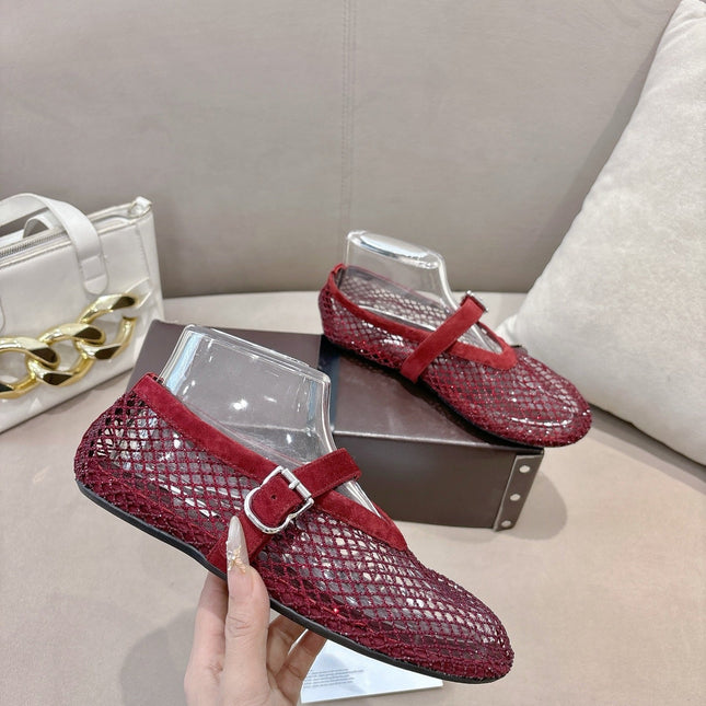 ALAIA 26S MESH FLATS IN DARK RED SUEDE