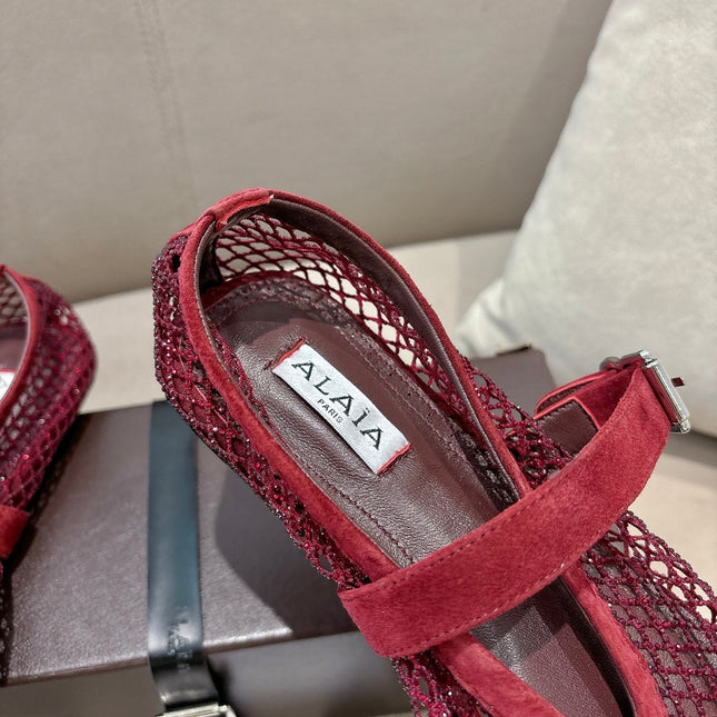 ALAIA 26S MESH FLATS IN DARK RED SUEDE