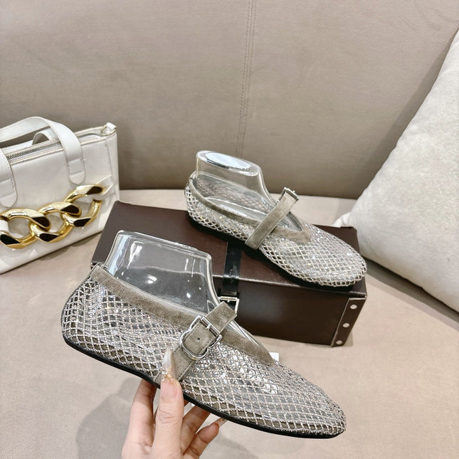 ALAIA 26S MESH FLATS IN BEIGE BROWN SUEDE
