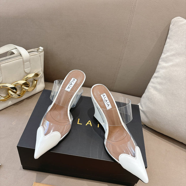 ALAIA 26S HIGH-HEEL WEDGE MULES 95 MM IN WHITE GLOSSY CALFSKIN