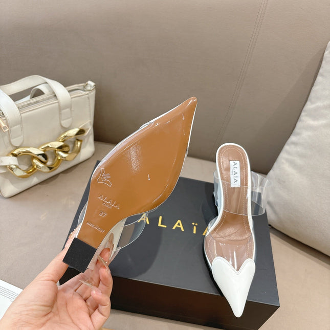 ALAIA 26S HIGH-HEEL WEDGE MULES 95 MM IN WHITE GLOSSY CALFSKIN