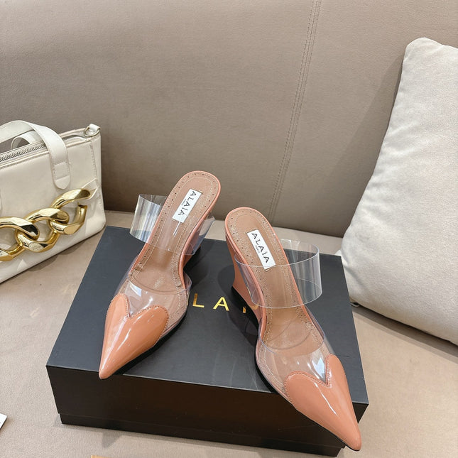 ALAIA 26S HIGH-HEEL WEDGE MULES 95 MM IN LIGHT BROWN GLOSSY CALFSKIN